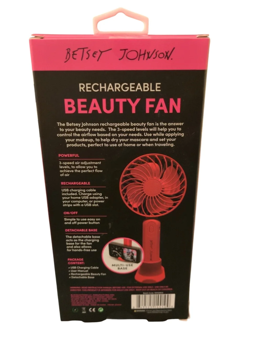Betsey Johnson Rechargeable Red Beauty Fan, New In Box
